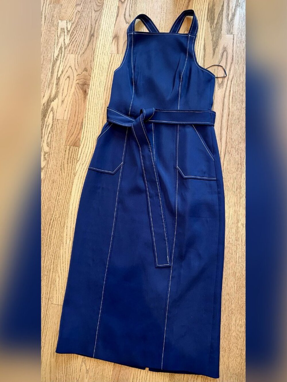 C/MEO Collective Navy Midi Dress White Contrast Stitch Cross Back Tie Size M
